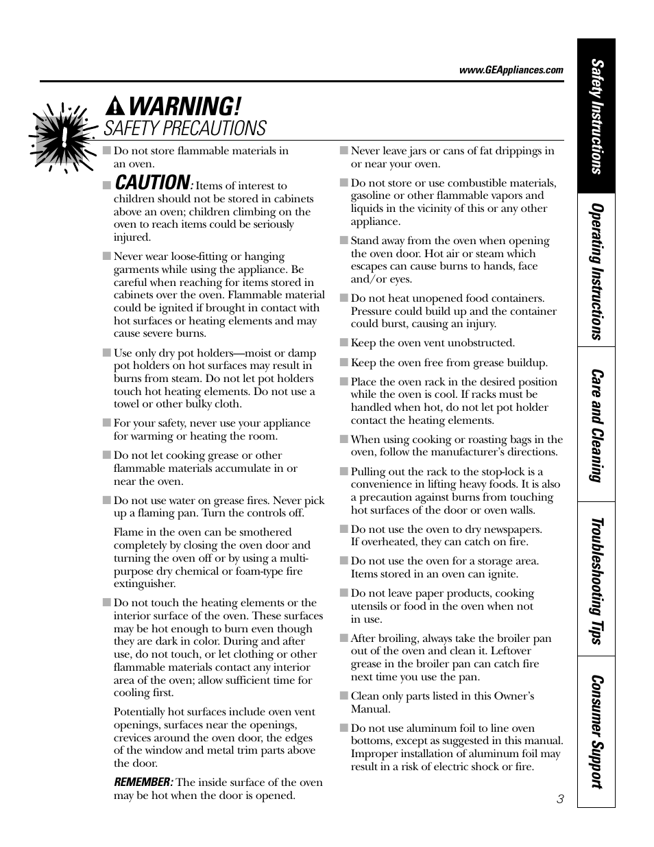 Warning, Caution, Safety precautions | GE JK91527 User Manual | Page 3 / 32