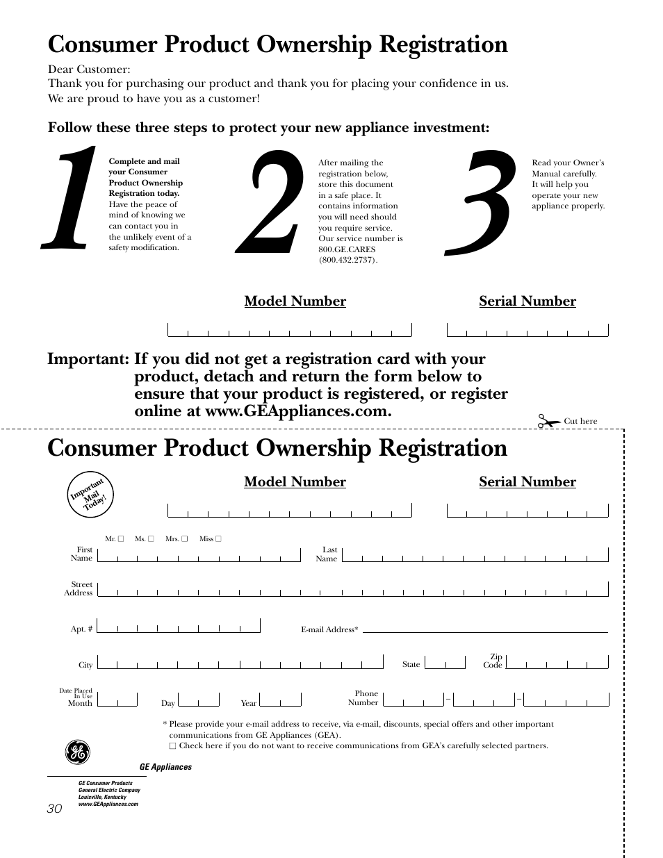 Consumer product ownership registration, Model number serial number | GE JK91527 User Manual | Page 30 / 32