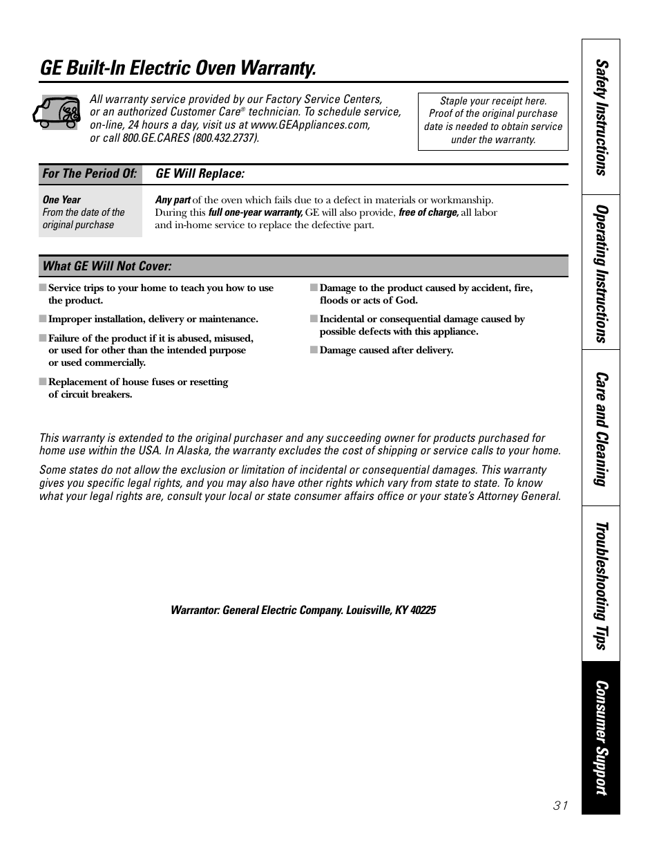 Warranty, Ge built-in electric oven warranty | GE JK91527 User Manual | Page 31 / 32