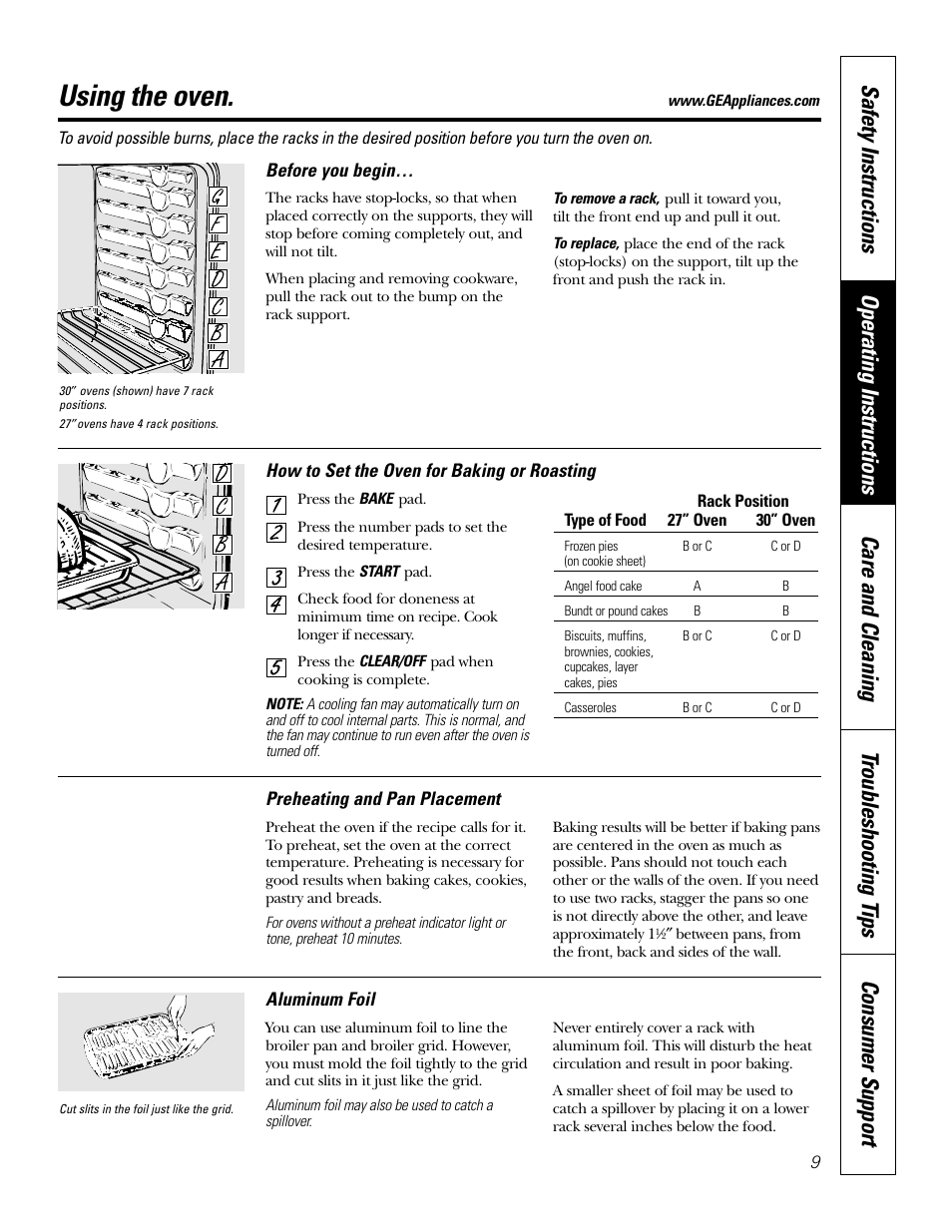 Oven, Oven , 10, Using the oven | GE JK91527 User Manual | Page 9 / 32