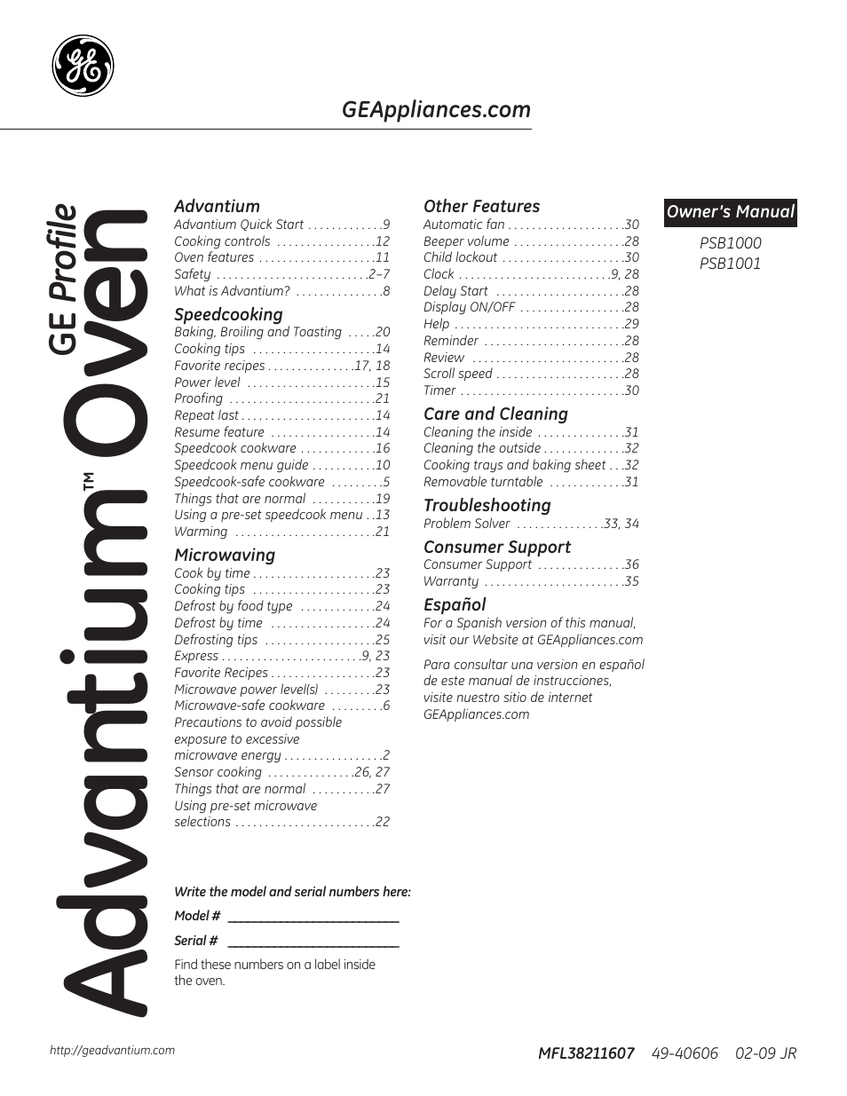 GE Profile Advantium PSB1000 User Manual | 72 pages