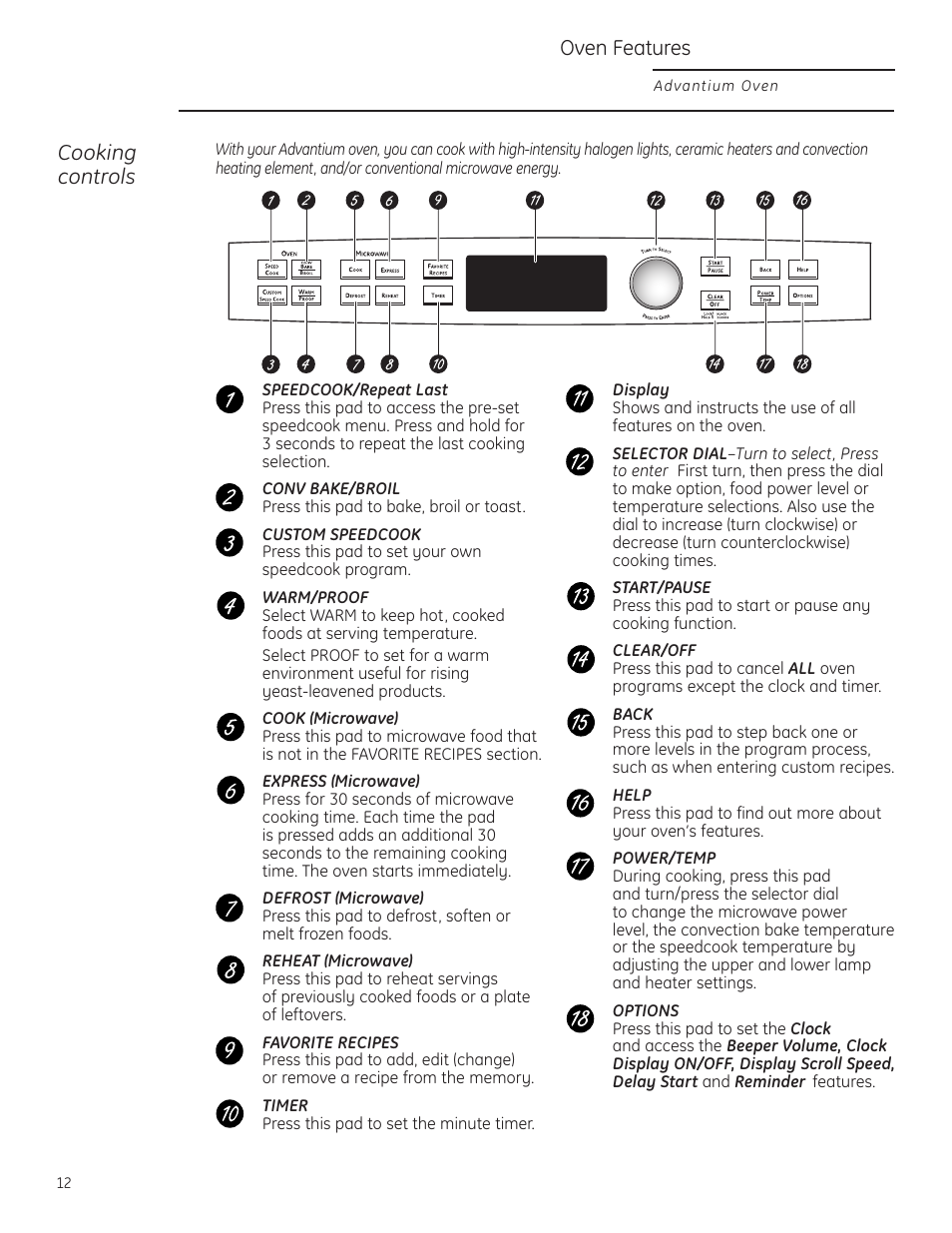 Cooking controls, Cooking controls oven features | GE Profile Advantium PSB1000 User Manual | Page 12 / 72