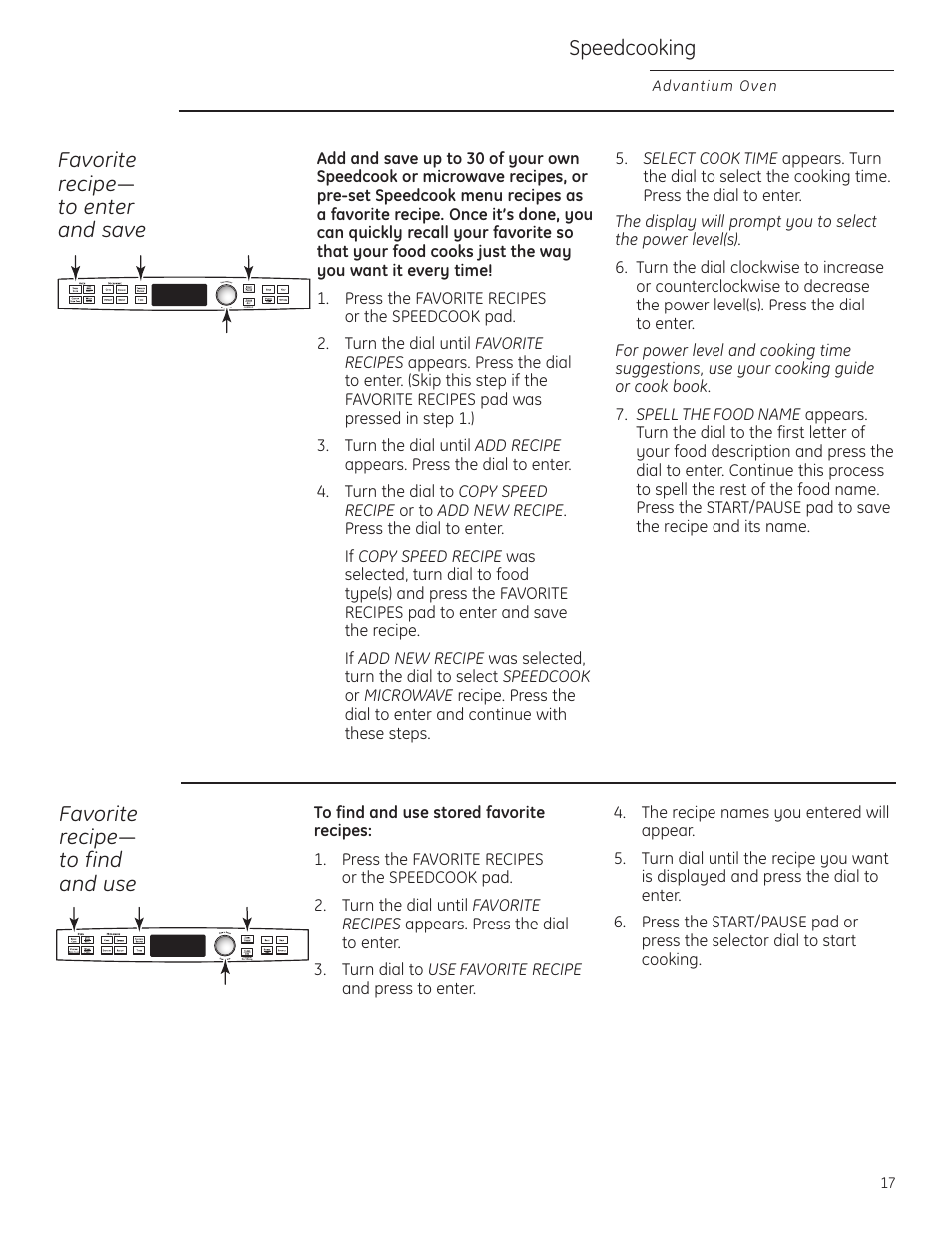 Favorite recipes, Favorite recipes , 18, Speedcooking | Favorite recipe— to enter and save, Favorite recipe— to find and use | GE Profile Advantium PSB1000 User Manual | Page 17 / 72