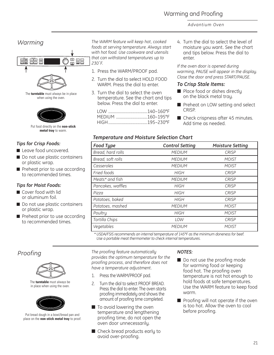 Proofing, Warming, Warming and proofing | GE Profile Advantium PSB1000 User Manual | Page 21 / 72