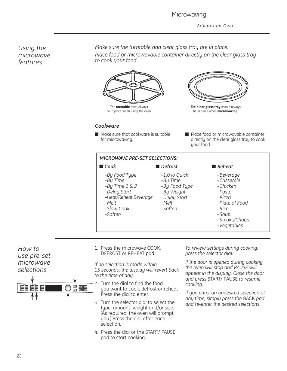 Using pre-set microwave selections, Microwaving, Using the microwave features | How to use pre-set microwave selections | GE Profile Advantium PSB1000 User Manual | Page 22 / 72