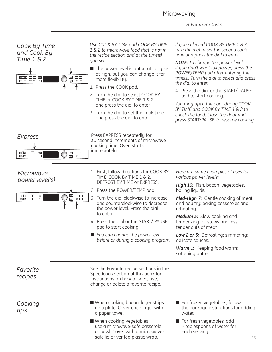 Cook by time, Cooking tips, Favorite recipes | Microwave power level(s), Cook by time cooking tips, Favorite recipes microwave power level(s), Microwaving, Cook by time and cook by time 1 & 2, Express microwave power level(s) | GE Profile Advantium PSB1000 User Manual | Page 23 / 72
