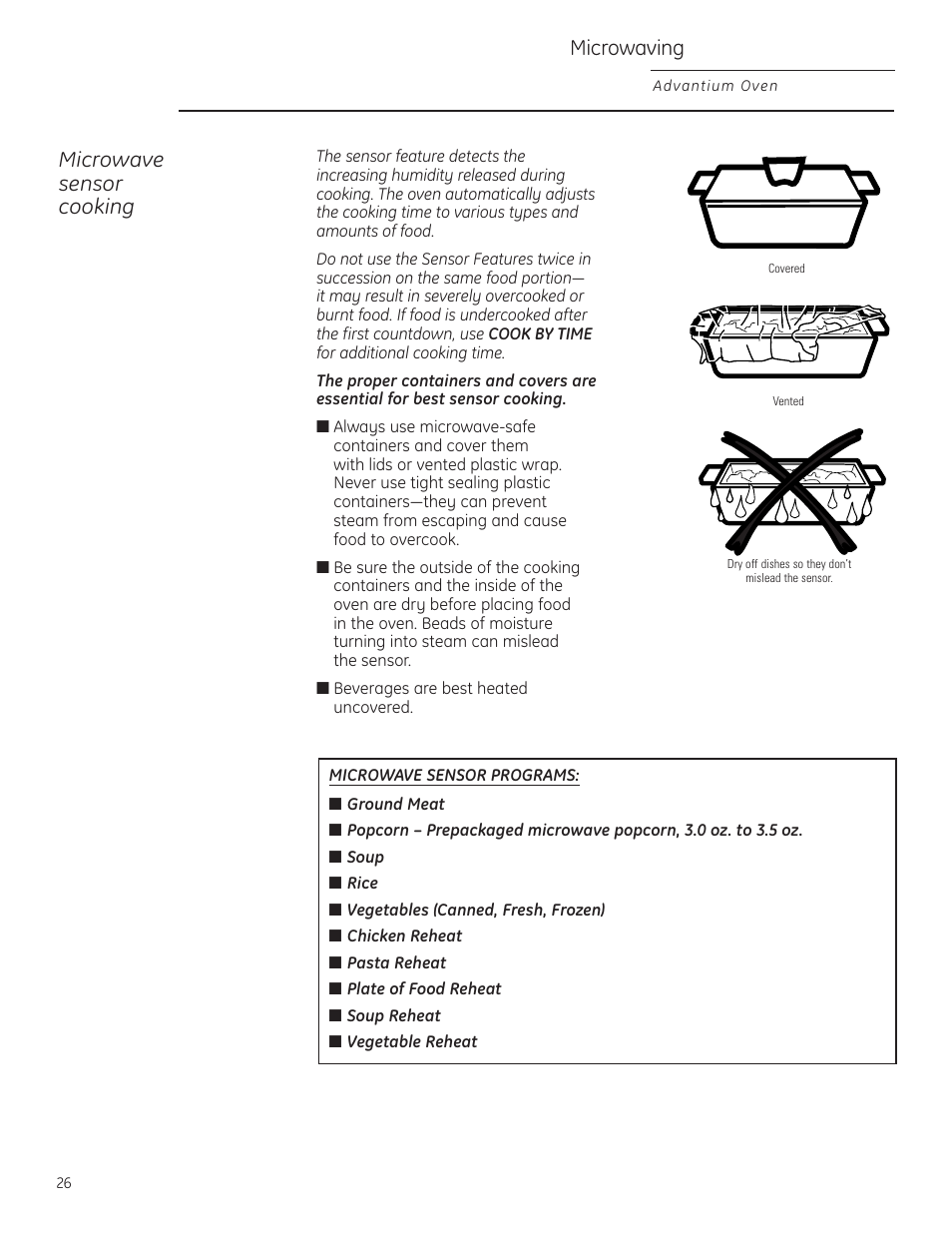 Sensor cooking, Sensor cooking , 27, Microwaving | Microwave sensor cooking | GE Profile Advantium PSB1000 User Manual | Page 26 / 72