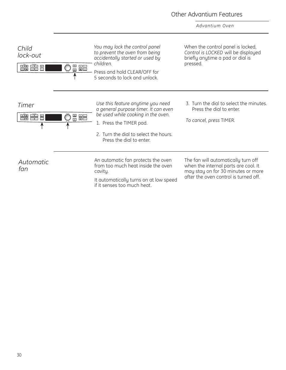 Automatic fan, Child lockout, Timer | GE Profile Advantium PSB1000 User Manual | Page 30 / 72
