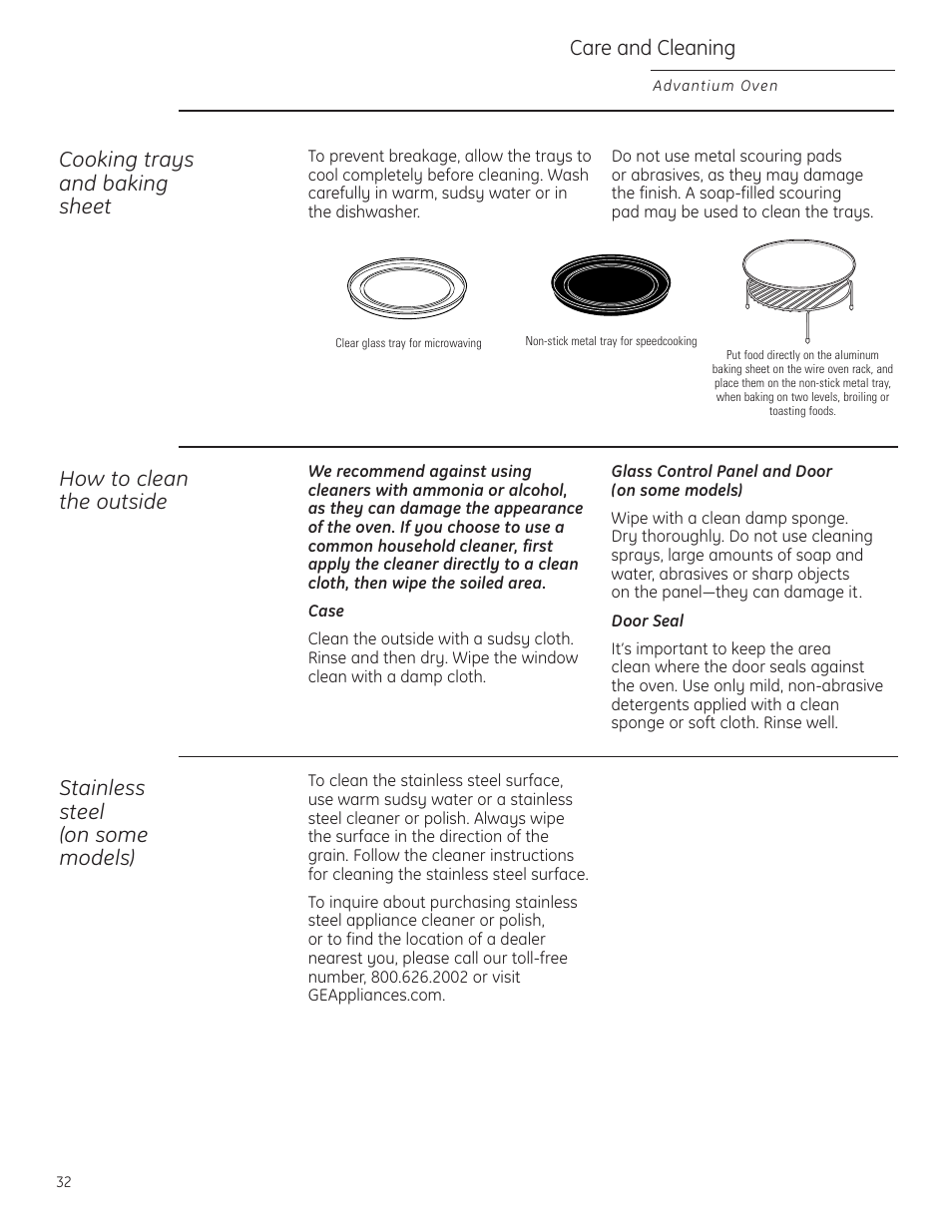 Cleaning the outside, Cooking trays and baking sheet, Care and cleaning | How to clean the outside, Stainless steel (on some models) | GE Profile Advantium PSB1000 User Manual | Page 32 / 72