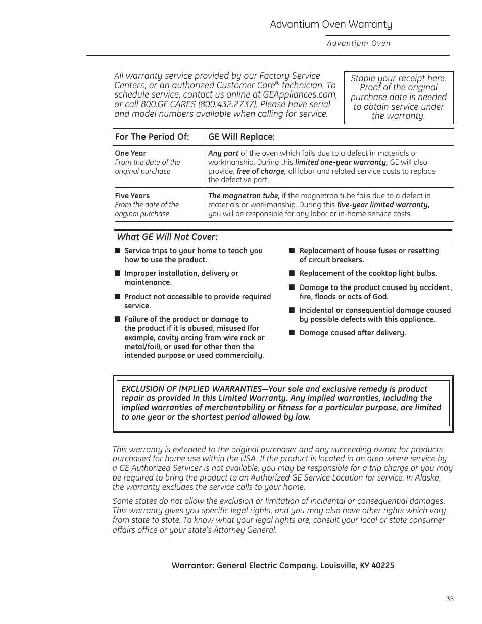 Warranty, Advantium oven warranty | GE Profile Advantium PSB1000 User Manual | Page 35 / 72
