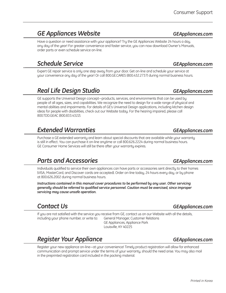 Consumer support, Ge appliances website, Schedule service | Real life design studio, Extended warranties, Parts and accessories, Contact us, Register your appliance | GE Profile Advantium PSB1000 User Manual | Page 36 / 72