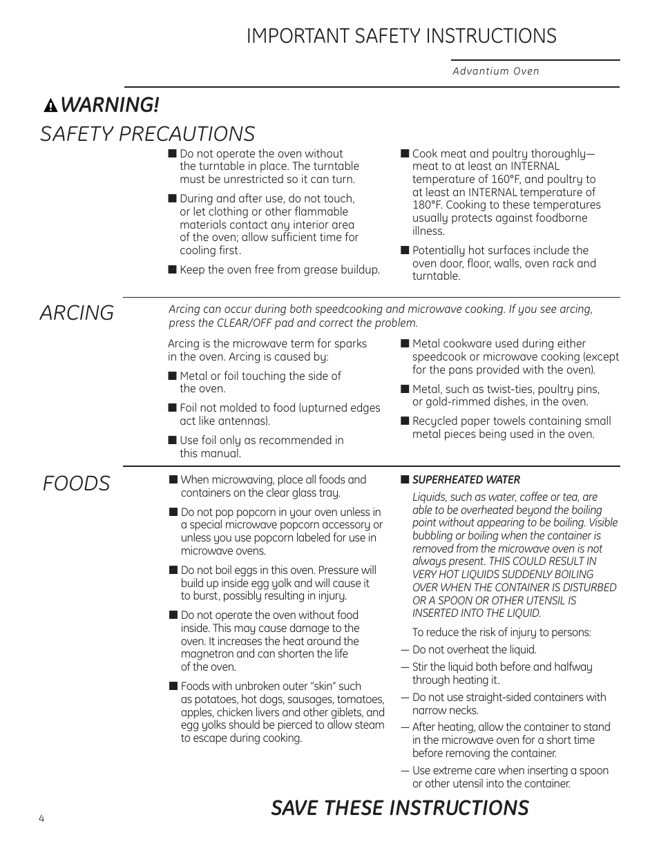 Warning, Safety precautions, Arcing | Important safety instructions, Foods save these instructions | GE Profile Advantium PSB1000 User Manual | Page 4 / 72