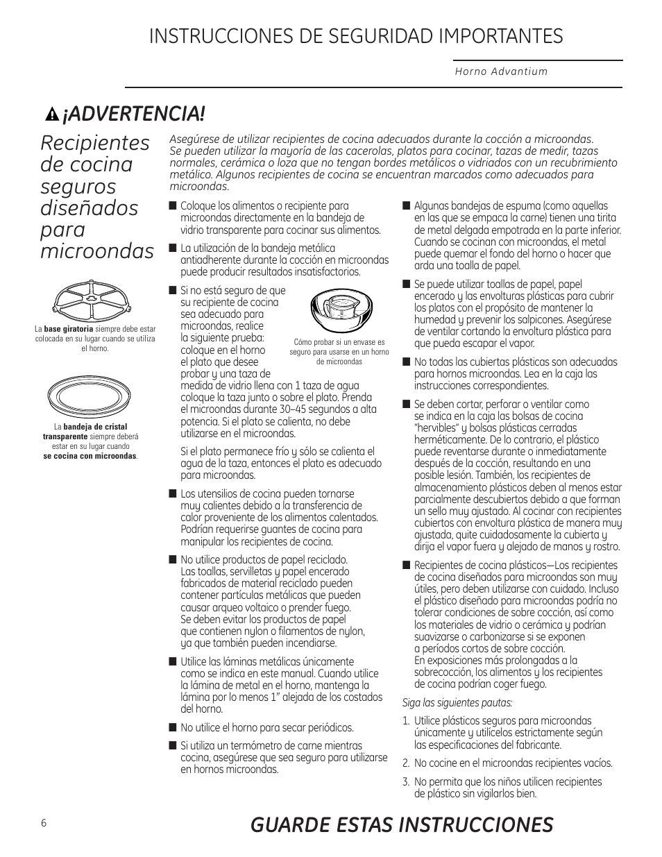 Advertencia, Instrucciones de seguridad importantes, Guarde estas instrucciones | GE Profile Advantium PSB1000 User Manual | Page 42 / 72