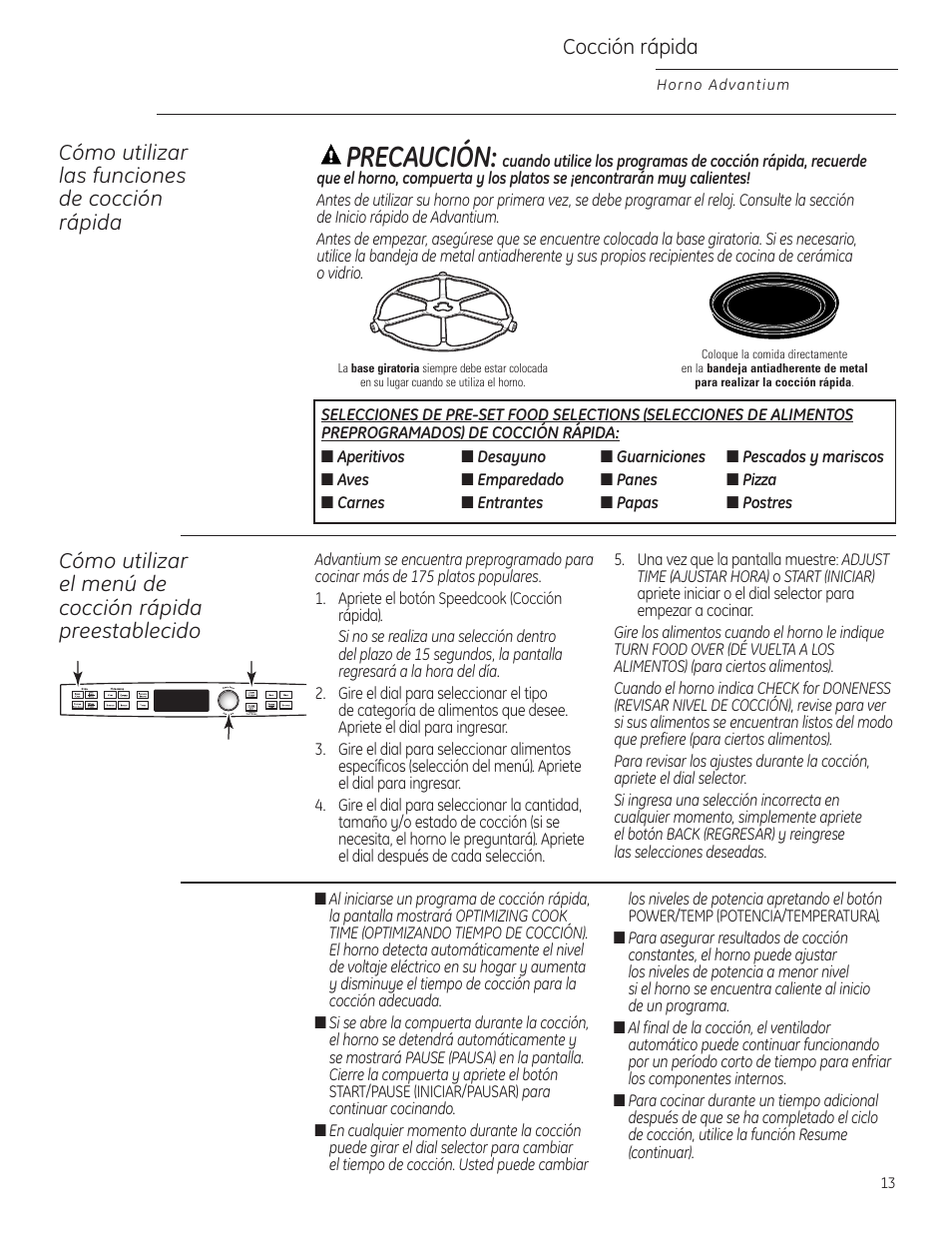 Precaución, Cocción rápida, Cómo utilizar las funciones de cocción rápida | GE Profile Advantium PSB1000 User Manual | Page 49 / 72