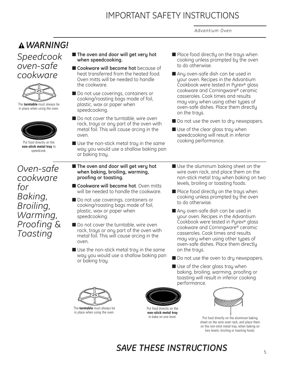 Speedcook-safe cookware, Warning, Speedcook oven-safe cookware | Important safety instructions, Save these instructions | GE Profile Advantium PSB1000 User Manual | Page 5 / 72