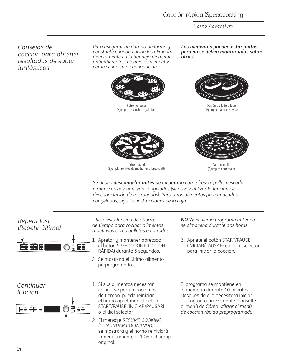 Consejos de cocción, Continuar función, Repetir último | Consejos de cocción continuar función, Cocción rápida (speedcooking), Repeat last (repetir último) | GE Profile Advantium PSB1000 User Manual | Page 50 / 72