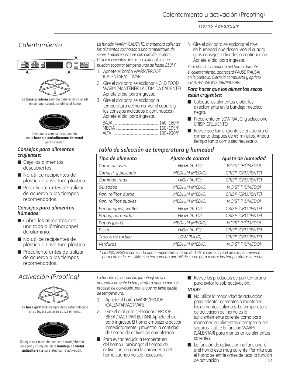 Activación de alimentos, Calentamiento, Activación de alimentos calentamiento | Calentamiento y activación (proofing), Activación (proofing) | GE Profile Advantium PSB1000 User Manual | Page 57 / 72