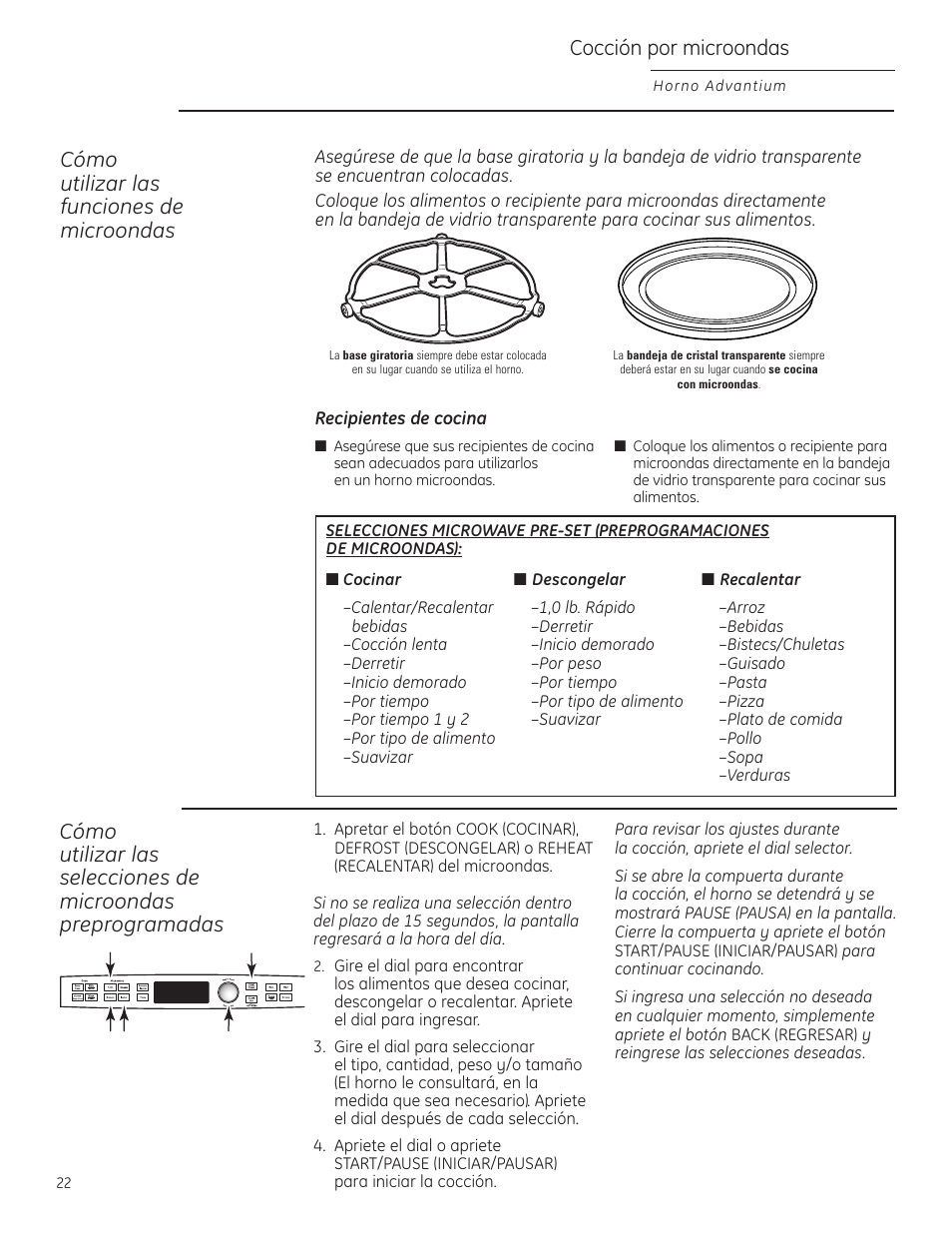 Cocción por microondas, Cómo utilizar las funciones de microondas | GE Profile Advantium PSB1000 User Manual | Page 58 / 72