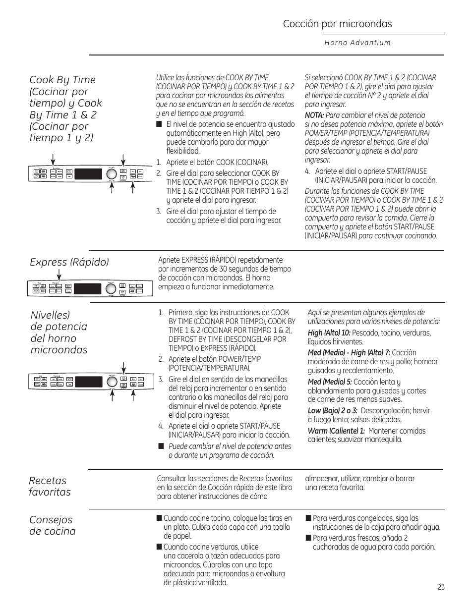 Cocción por tiempo, Consejos de cocina, Nivel(es) de potencia del horno microondas | Recetas favoritas, Cocción por microondas | GE Profile Advantium PSB1000 User Manual | Page 59 / 72