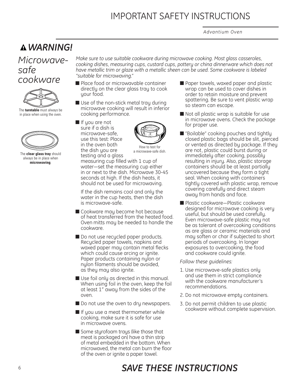 Microwave-safe cookware, Warning, Microwave- safe cookware | Important safety instructions, Save these instructions | GE Profile Advantium PSB1000 User Manual | Page 6 / 72