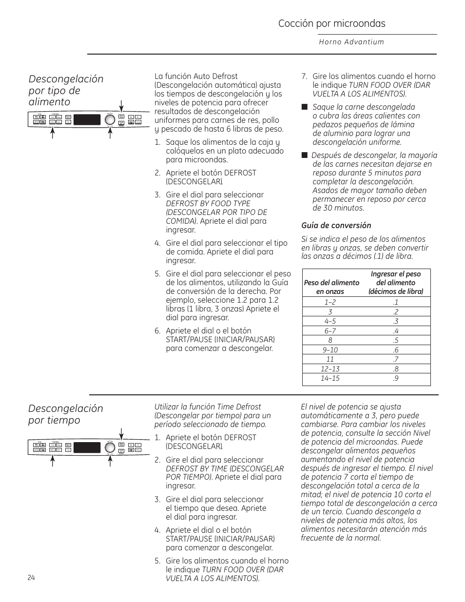 Descongelación por tiempo, Descongelación por tipo de alimento, Cocción por microondas | GE Profile Advantium PSB1000 User Manual | Page 60 / 72