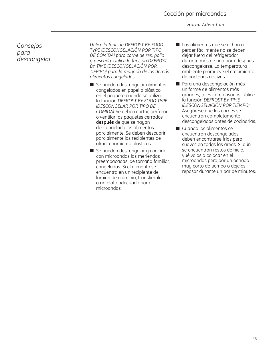 Consejos para descongelar, Cocción por microondas | GE Profile Advantium PSB1000 User Manual | Page 61 / 72