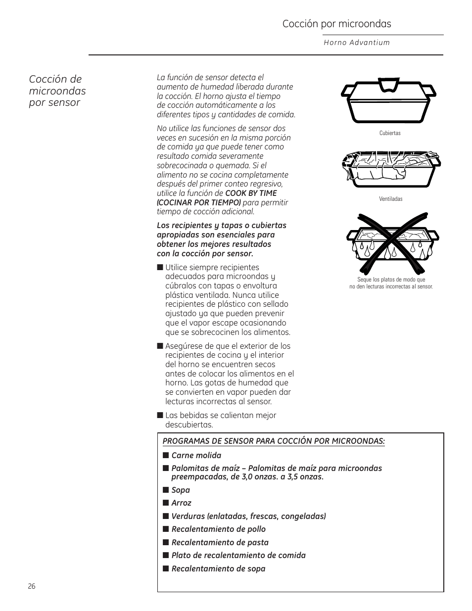 Cocción por sensor, Cocción por sensor , 27, Cocción por microondas | Cocción de microondas por sensor | GE Profile Advantium PSB1000 User Manual | Page 62 / 72