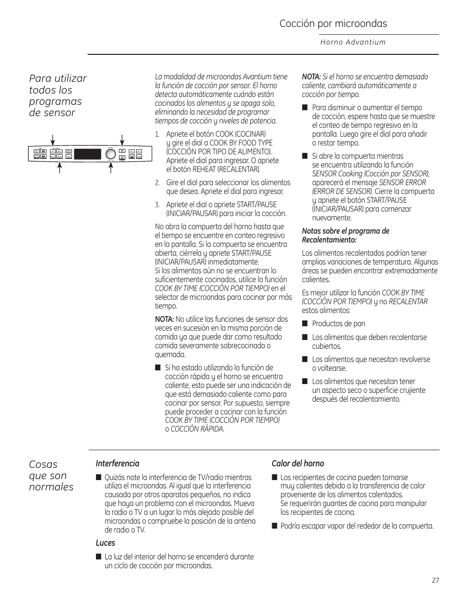 Cosas que son normales, Cocción por microondas, Para utilizar todos los programas de sensor | GE Profile Advantium PSB1000 User Manual | Page 63 / 72