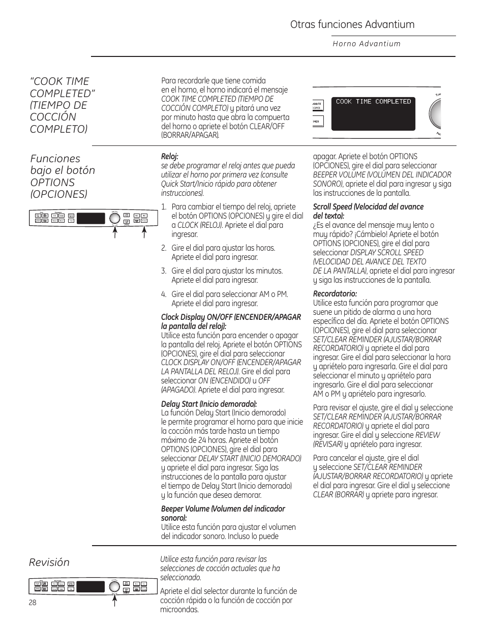 Encendido/apagado la pantalla del reloj, Inicio demorado, Recordatorio | Revisión, Velocidad del avance del texto, Volumen del indicador sonoro, Otras funciones advantium, Cook time completed” (tiempo de cocción completo), Funciones bajo el botón options (opciones) | GE Profile Advantium PSB1000 User Manual | Page 64 / 72