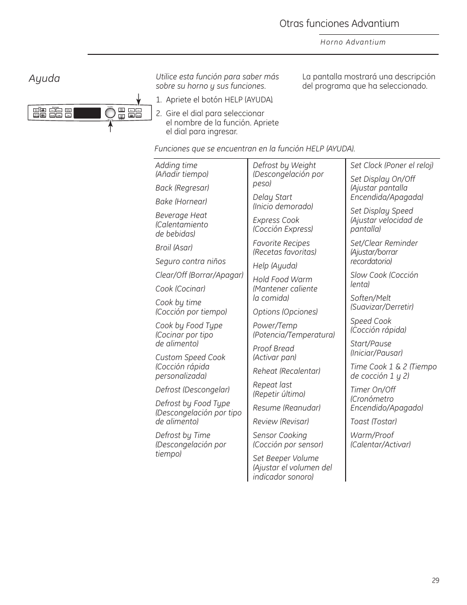 Ayuda, Otras funciones advantium | GE Profile Advantium PSB1000 User Manual | Page 65 / 72