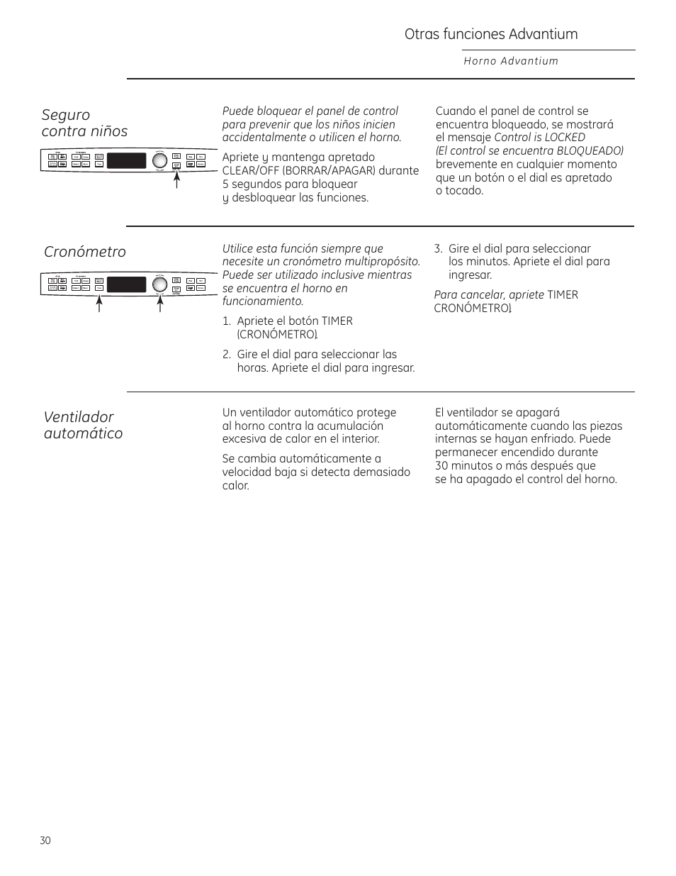 Cronómetro, Seguro contra niños, Ventilador automático | GE Profile Advantium PSB1000 User Manual | Page 66 / 72