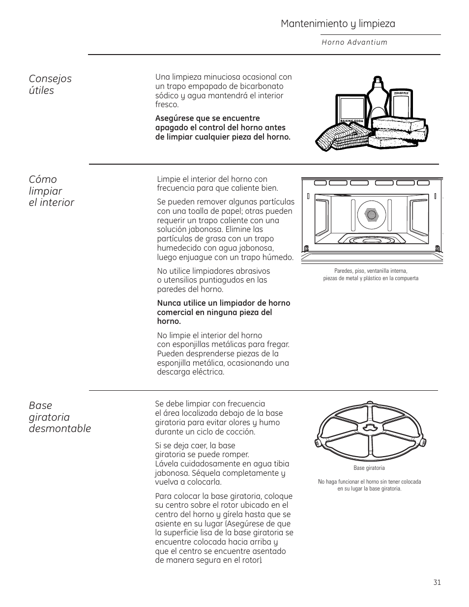 Base giratoria desmontable, Limpieza del interior, Mantenimiento y limpieza | Consejos útiles | GE Profile Advantium PSB1000 User Manual | Page 67 / 72