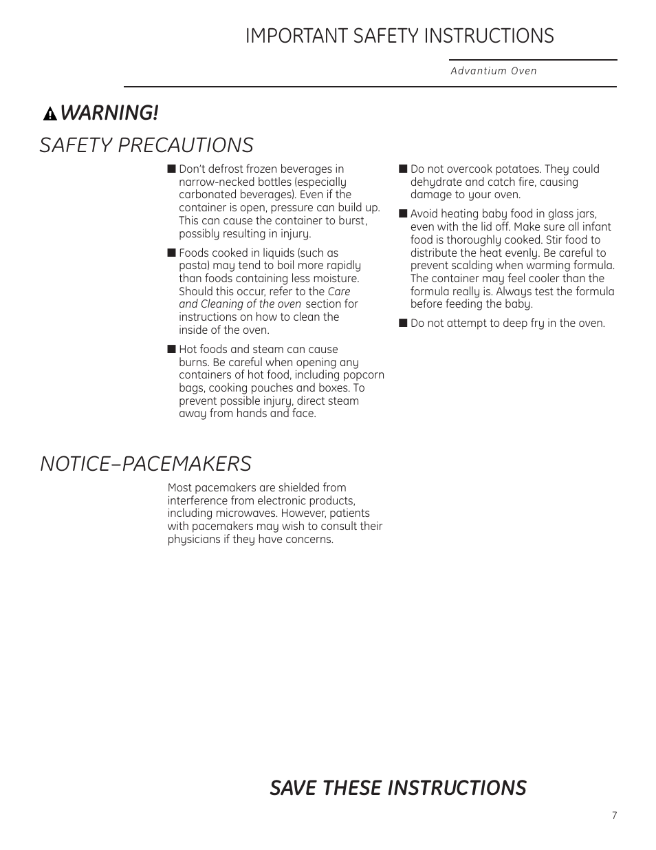 Warning, Safety precautions save these instructions, Important safety instructions | Notice–pacemakers | GE Profile Advantium PSB1000 User Manual | Page 7 / 72