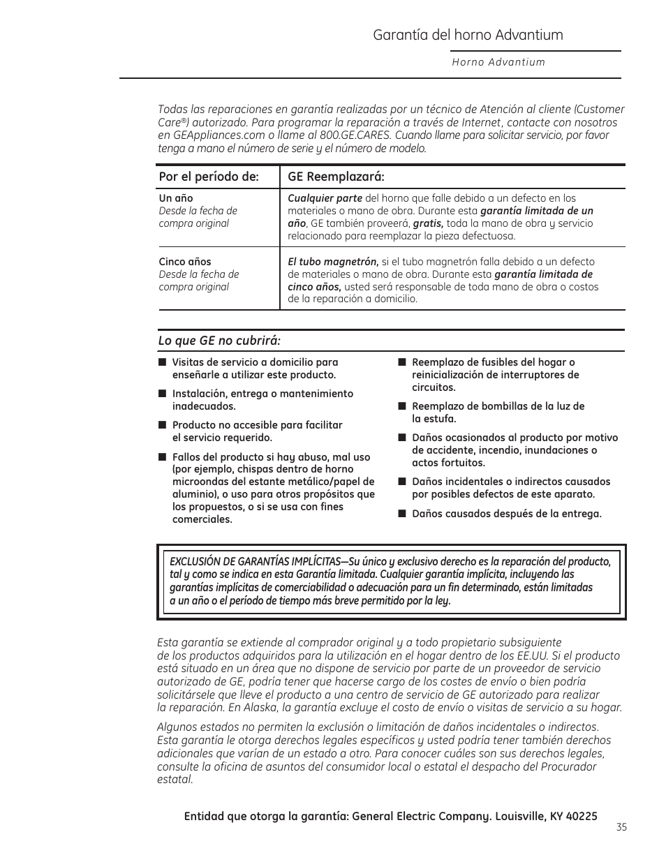 Garantía, Garantía del horno advantium | GE Profile Advantium PSB1000 User Manual | Page 71 / 72