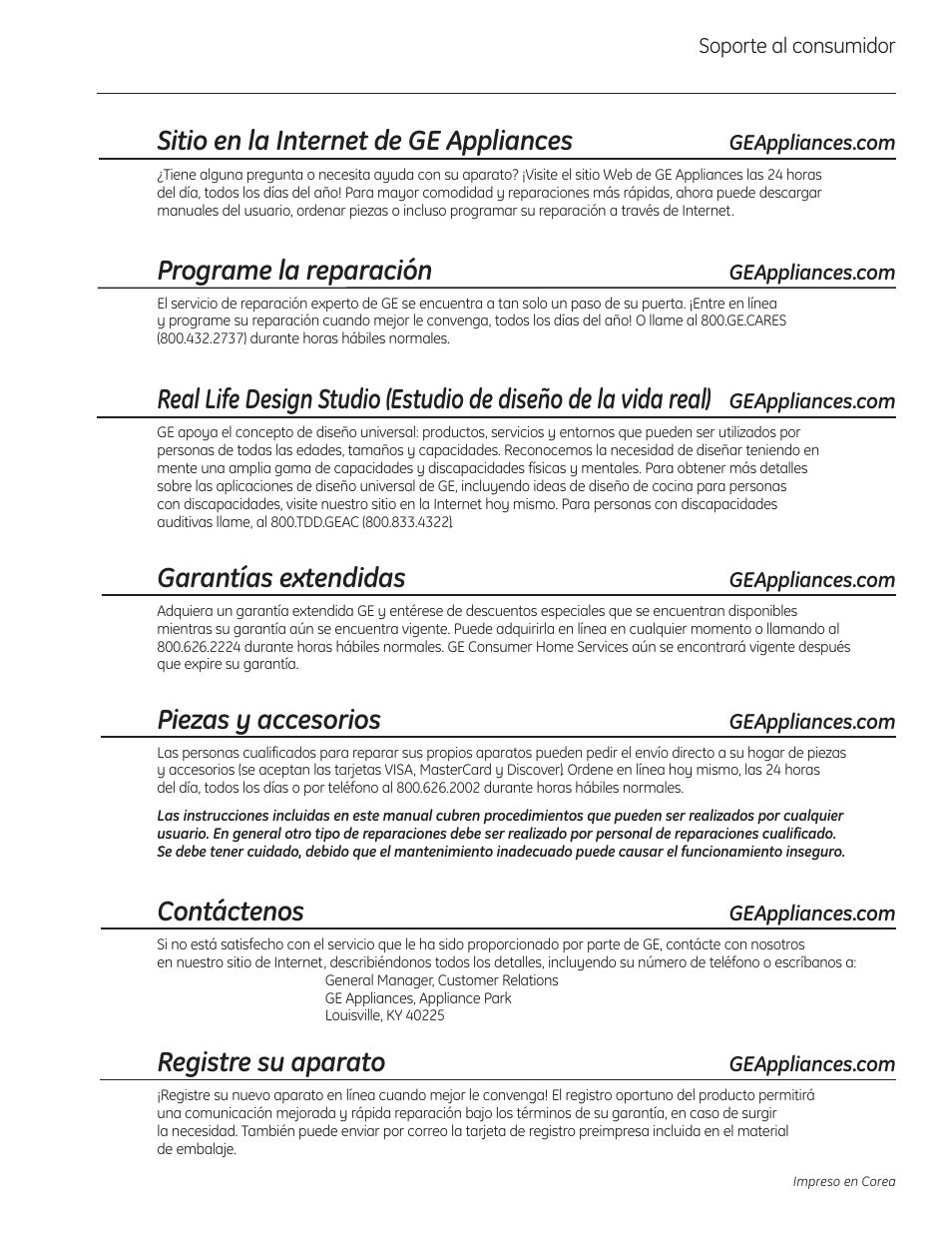 Soporte al consumidor, Sitio en la internet de ge appliances, Programe la reparación | Garantías extendidas, Piezas y accesorios, Contáctenos, Registre su aparato | GE Profile Advantium PSB1000 User Manual | Page 72 / 72