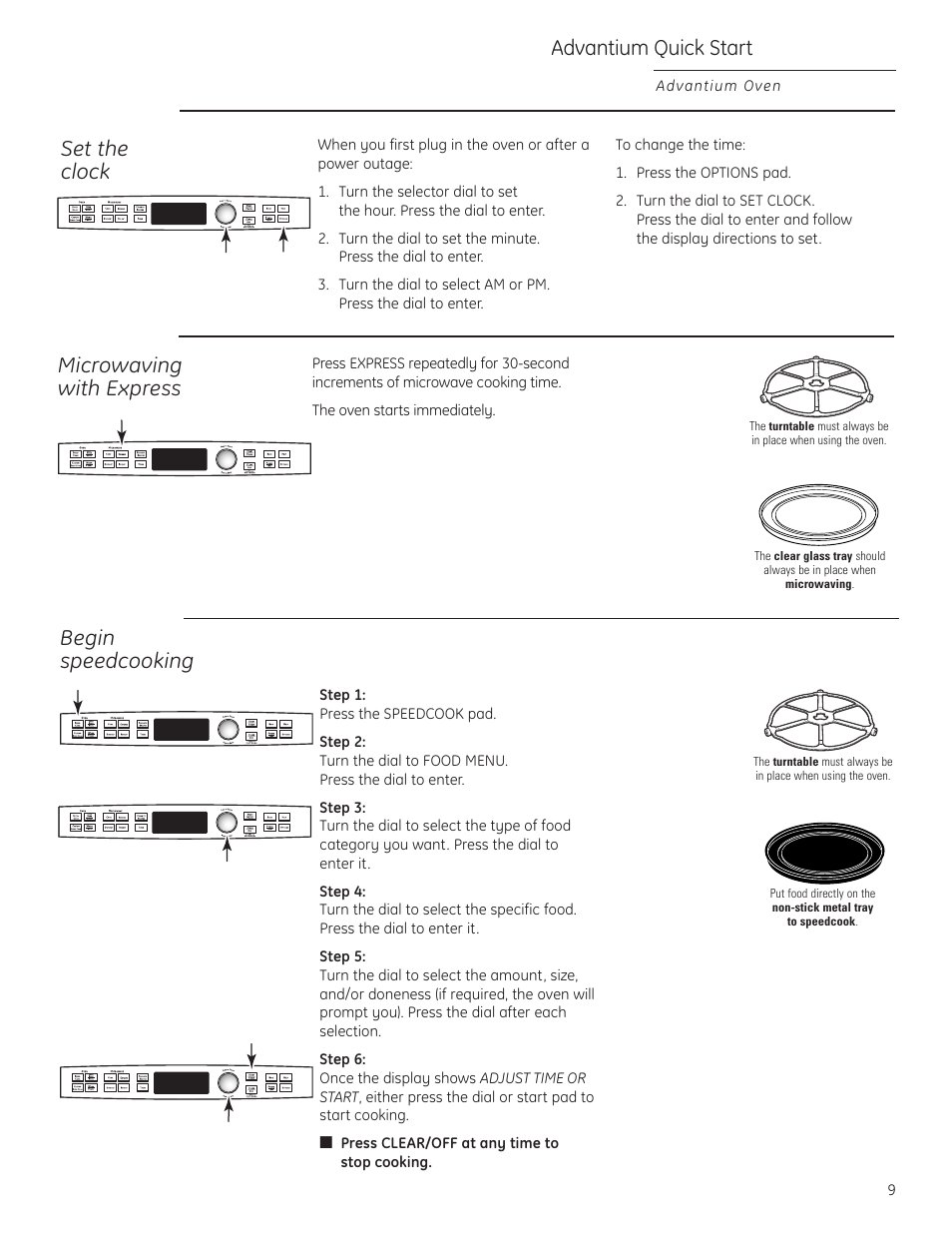 Advantium quick start, Express, Clock | Express , 23, Clock , 28, Set the clock, Begin speedcooking, Microwaving with express | GE Profile Advantium PSB1000 User Manual | Page 9 / 72