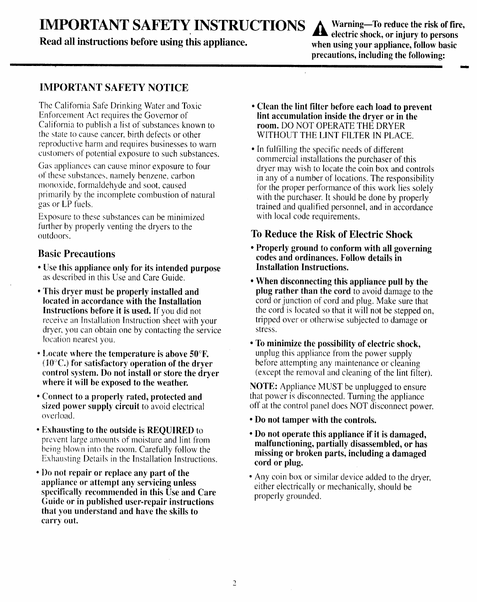 Read all instructions before using this appliance, Important safety notice, Basic precautions | To reduce the risk of electric shock, Important safety instructions | GE DDC User Manual | Page 2 / 6