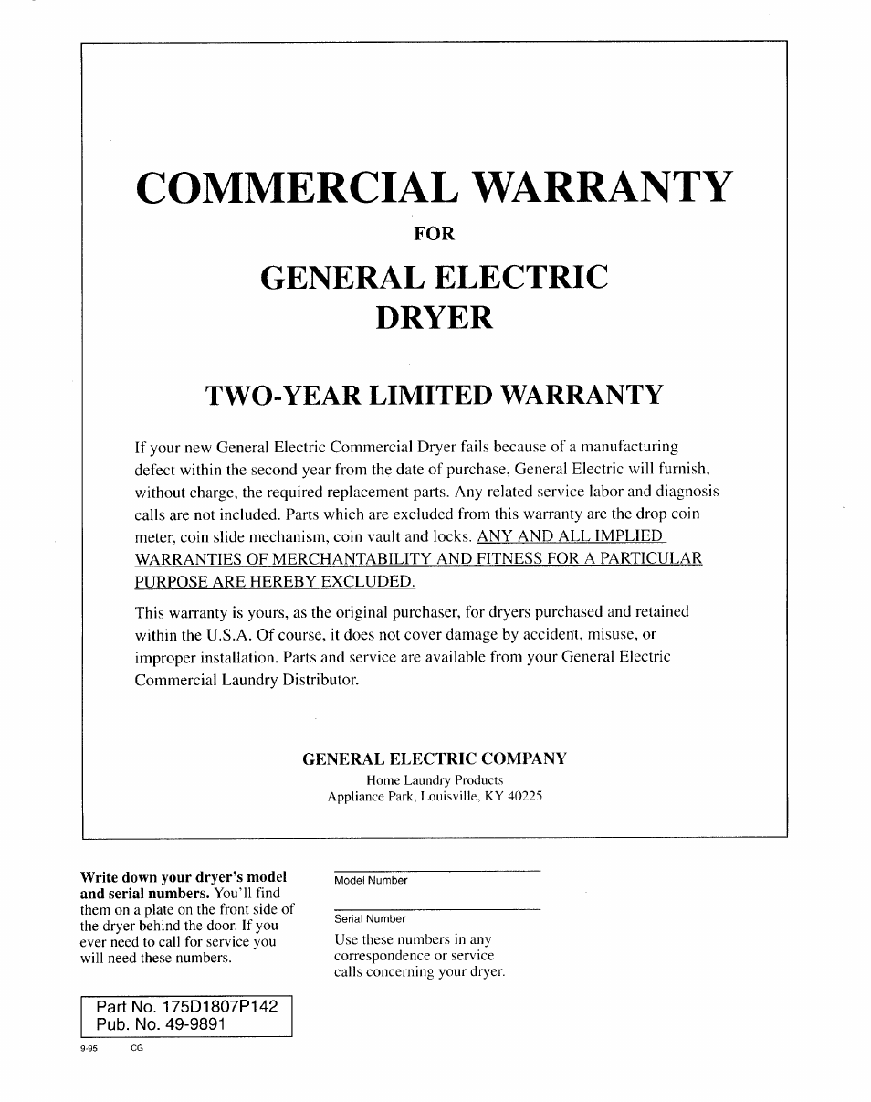 Commercial warranty, Service, Warranty | General electric dryer, Two-year limited warranty | GE DDC User Manual | Page 6 / 6