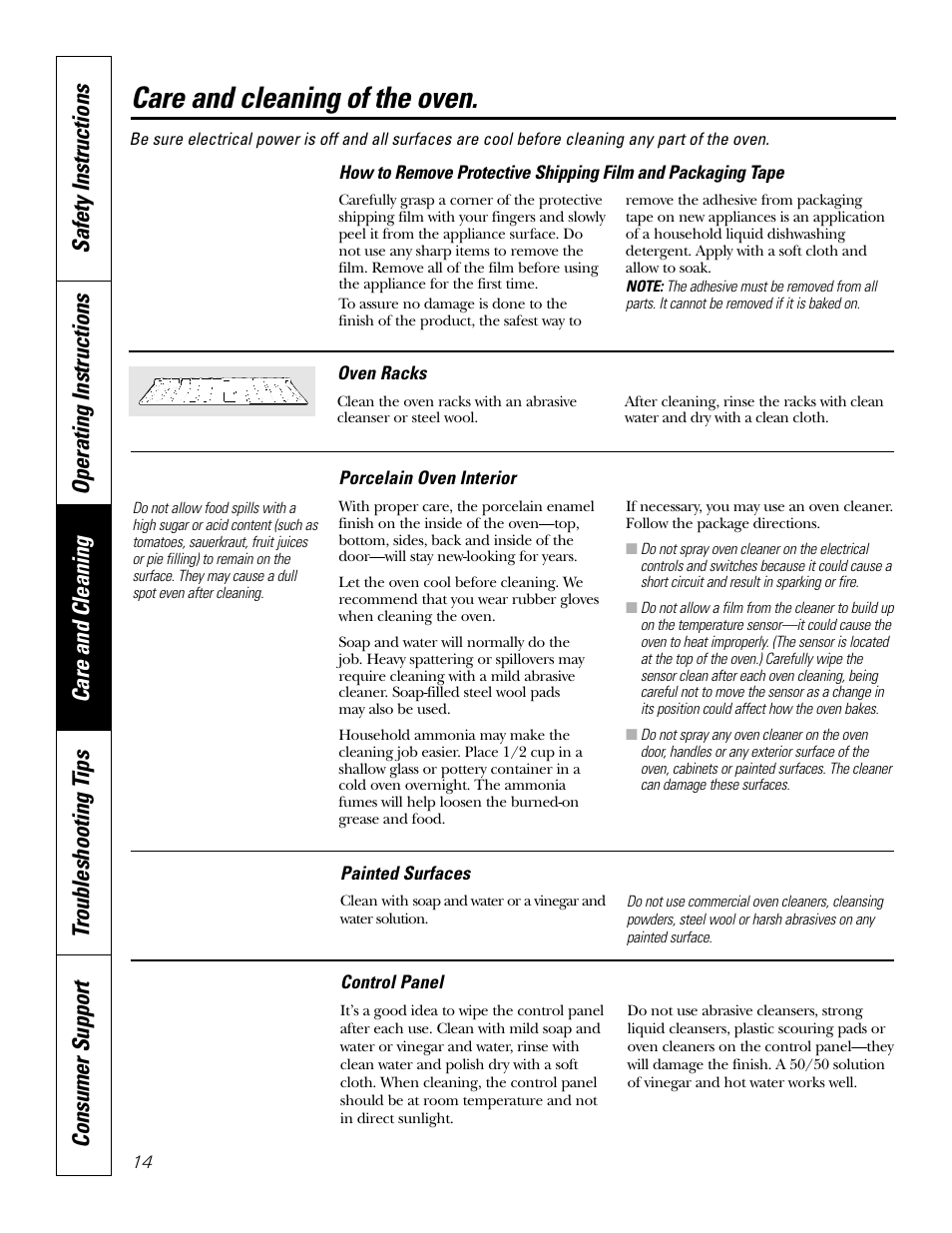 Control panel, Packaging tape, Painted surfaces | Porcelain oven interior, Racks, Care and cleaning of the oven | GE JKS1027 User Manual | Page 14 / 44