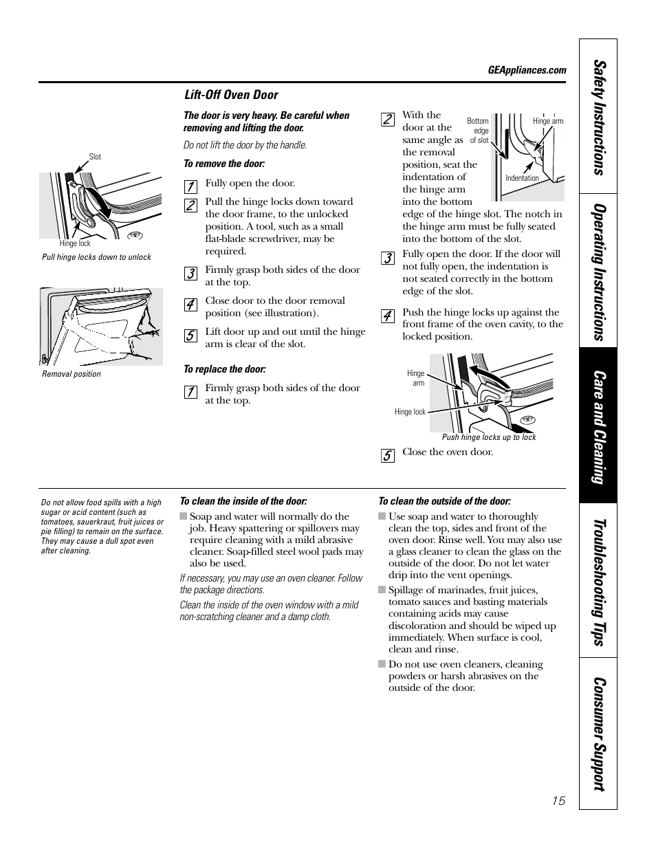 Lift-off oven door | GE JKS1027 User Manual | Page 15 / 44