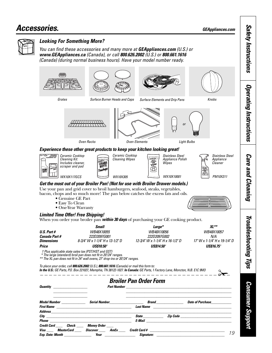 Accessories, Broiler pan order form | GE JKS1027 User Manual | Page 19 / 44