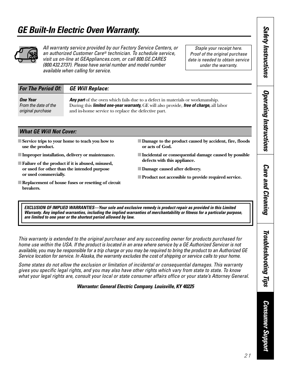 Warranty, Ge built-in electric oven warranty | GE JKS1027 User Manual | Page 21 / 44