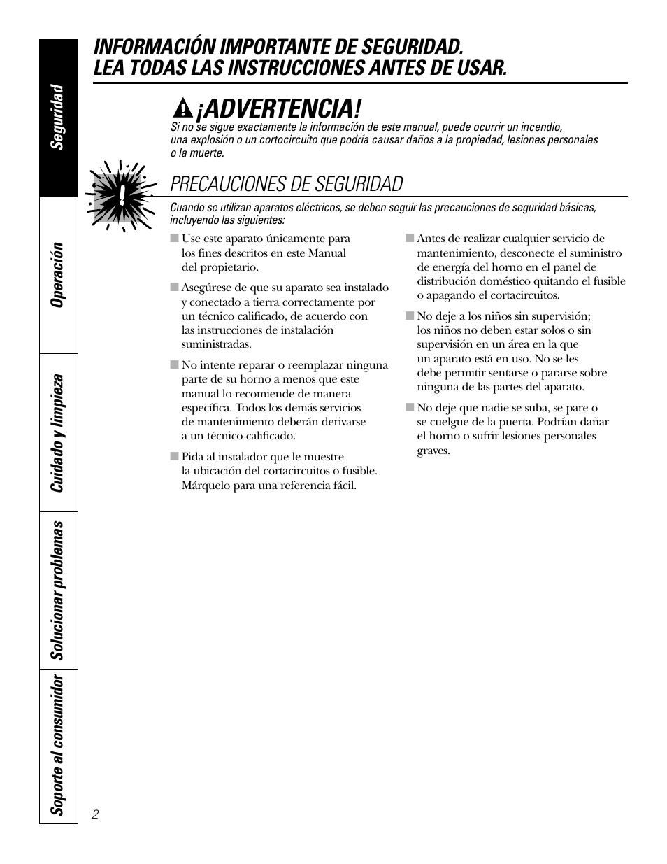 Instrucciones de seguridad, Advertencia, Precauciones de seguridad | GE JKS1027 User Manual | Page 24 / 44