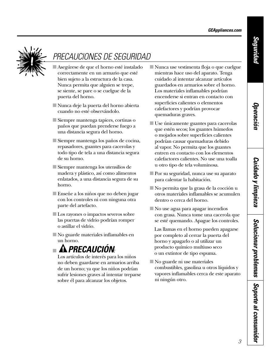 Precaución, Precauciones de seguridad | GE JKS1027 User Manual | Page 25 / 44