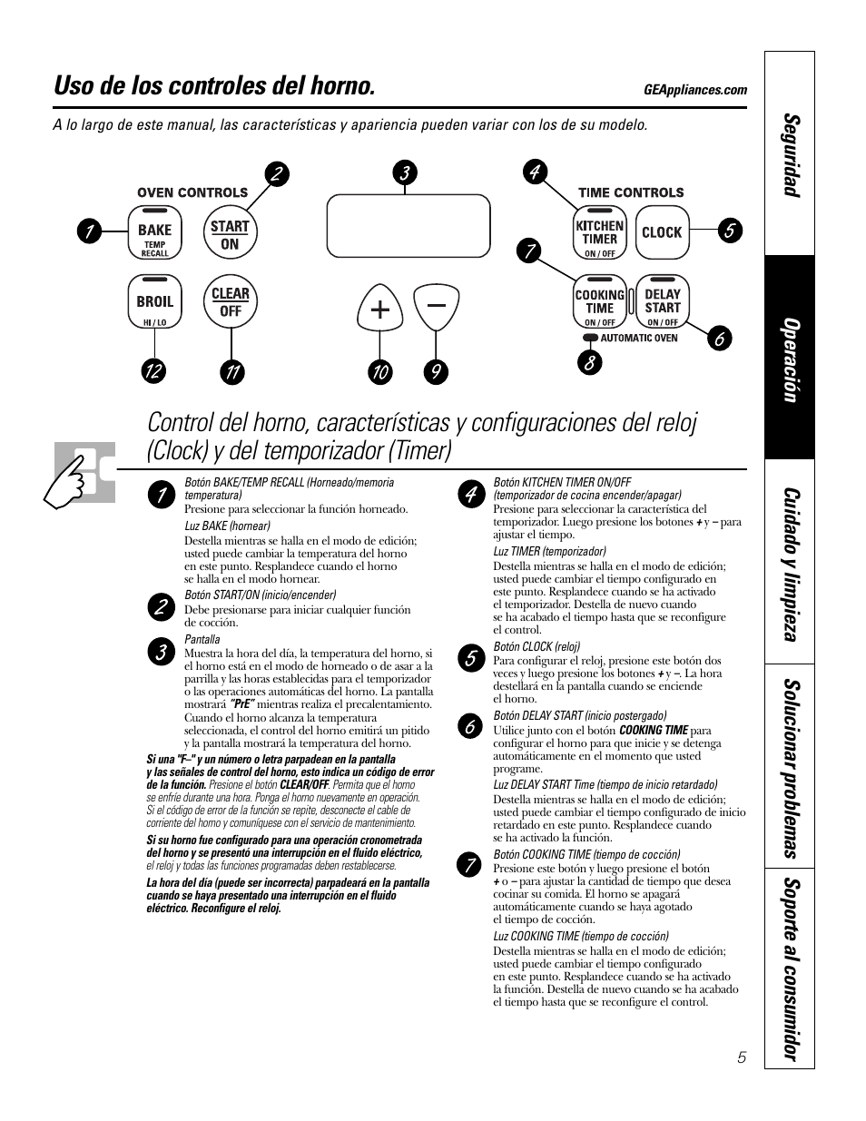 Controles, Controles , 6, Uso de los controles del horno | GE JKS1027 User Manual | Page 27 / 44