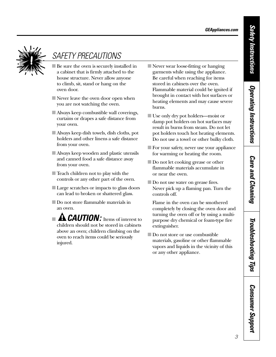 Caution, Safety precautions | GE JKS1027 User Manual | Page 3 / 44