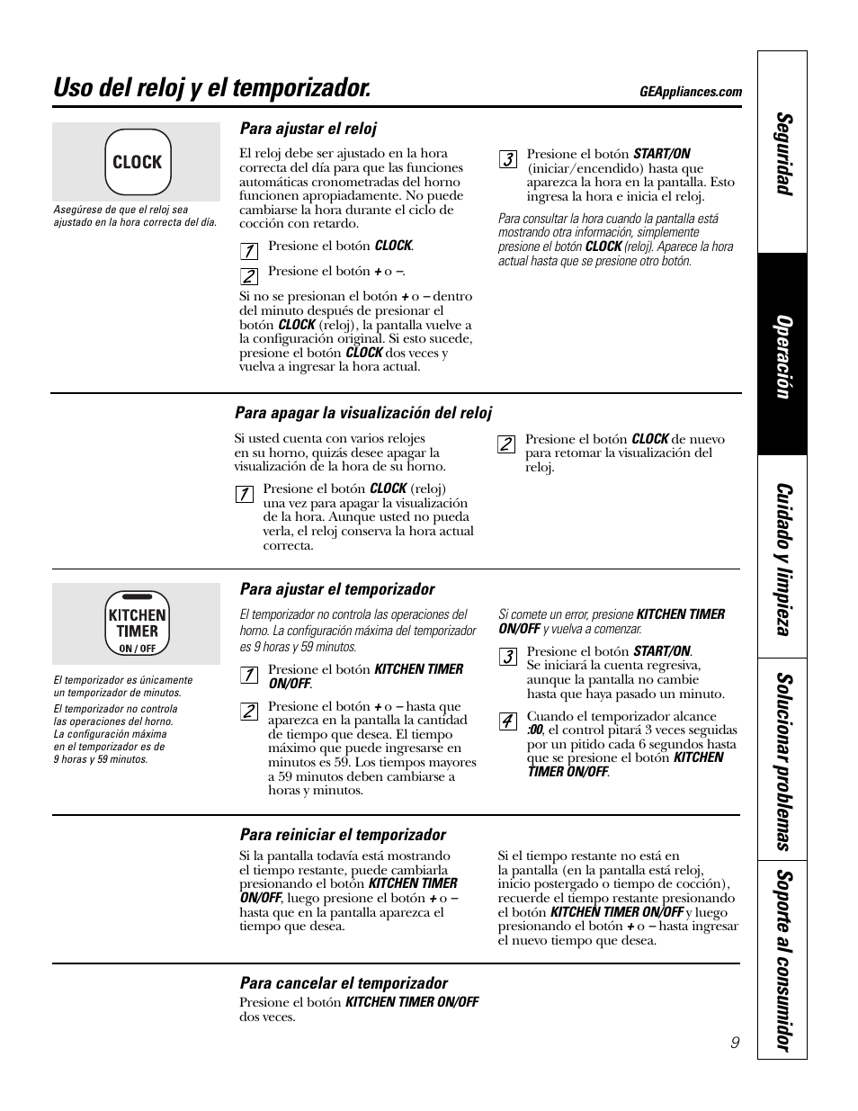 Reloj y temporizador, Uso del reloj y el temporizador | GE JKS1027 User Manual | Page 31 / 44