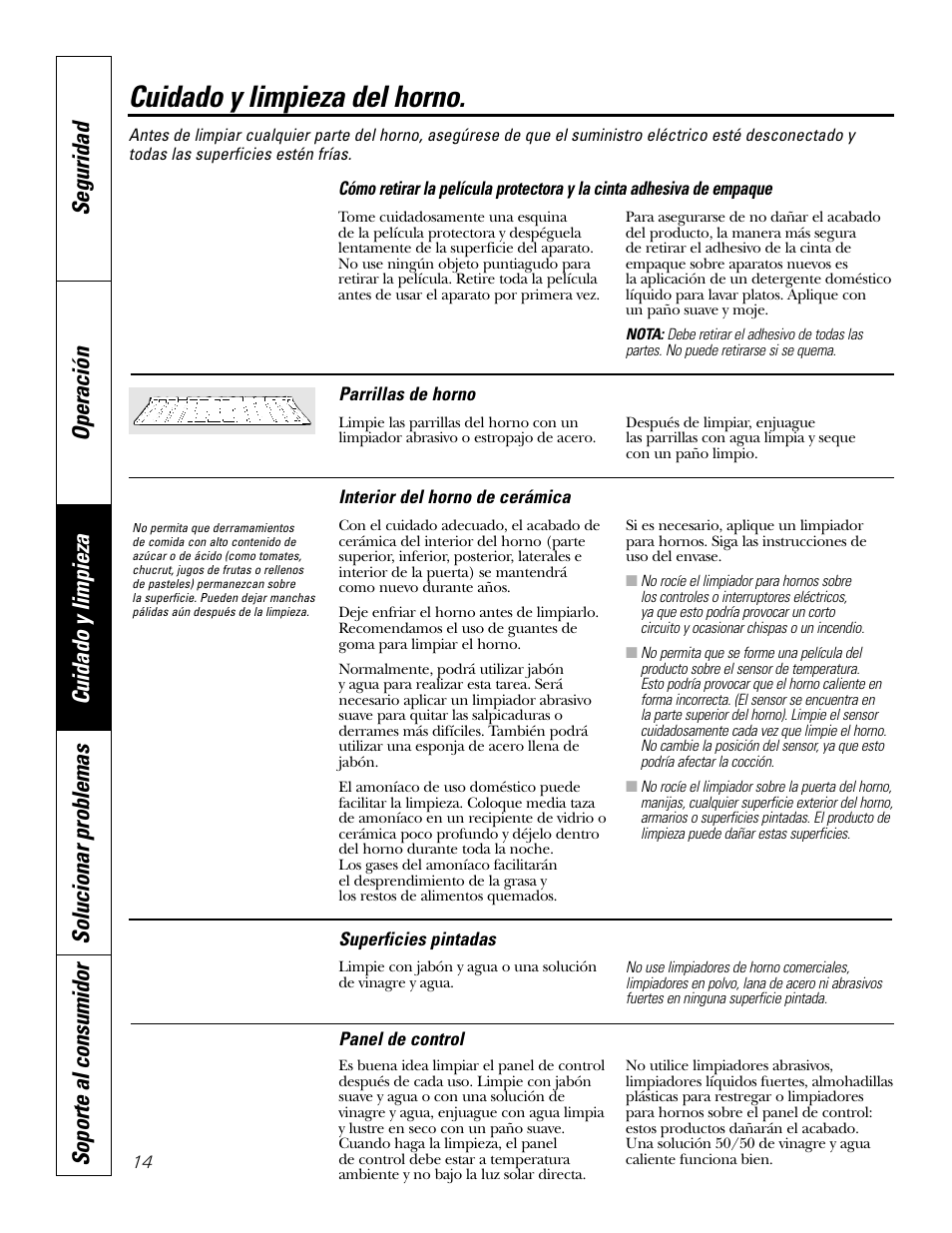 Cinta de empaque, Panel de control, Parrillas | Interior del horno de cerámica, Superficies pintadas, Panel de control parrillas, Cuidado y limpieza del horno | GE JKS1027 User Manual | Page 36 / 44