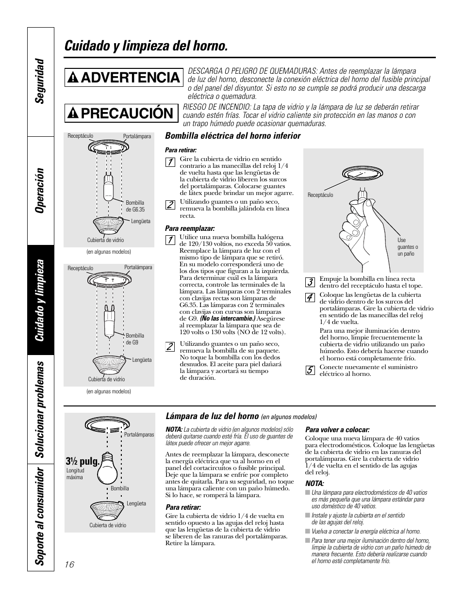 Bombilla, Cuidado y limpieza del horno, Advertencia | Precaución | GE JKS1027 User Manual | Page 38 / 44