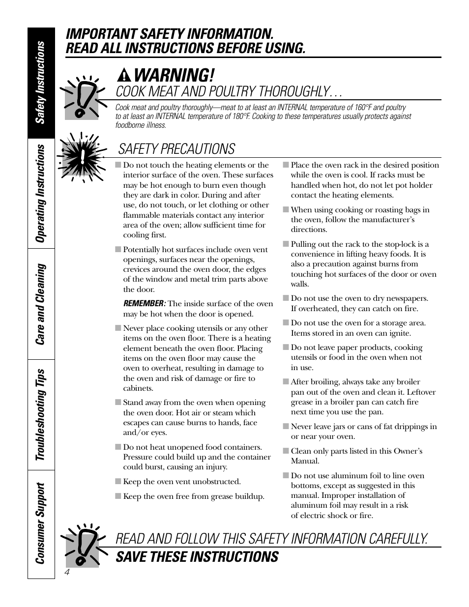 Warning, Cook meat and poultry thoroughly, Safety precautions | GE JKS1027 User Manual | Page 4 / 44